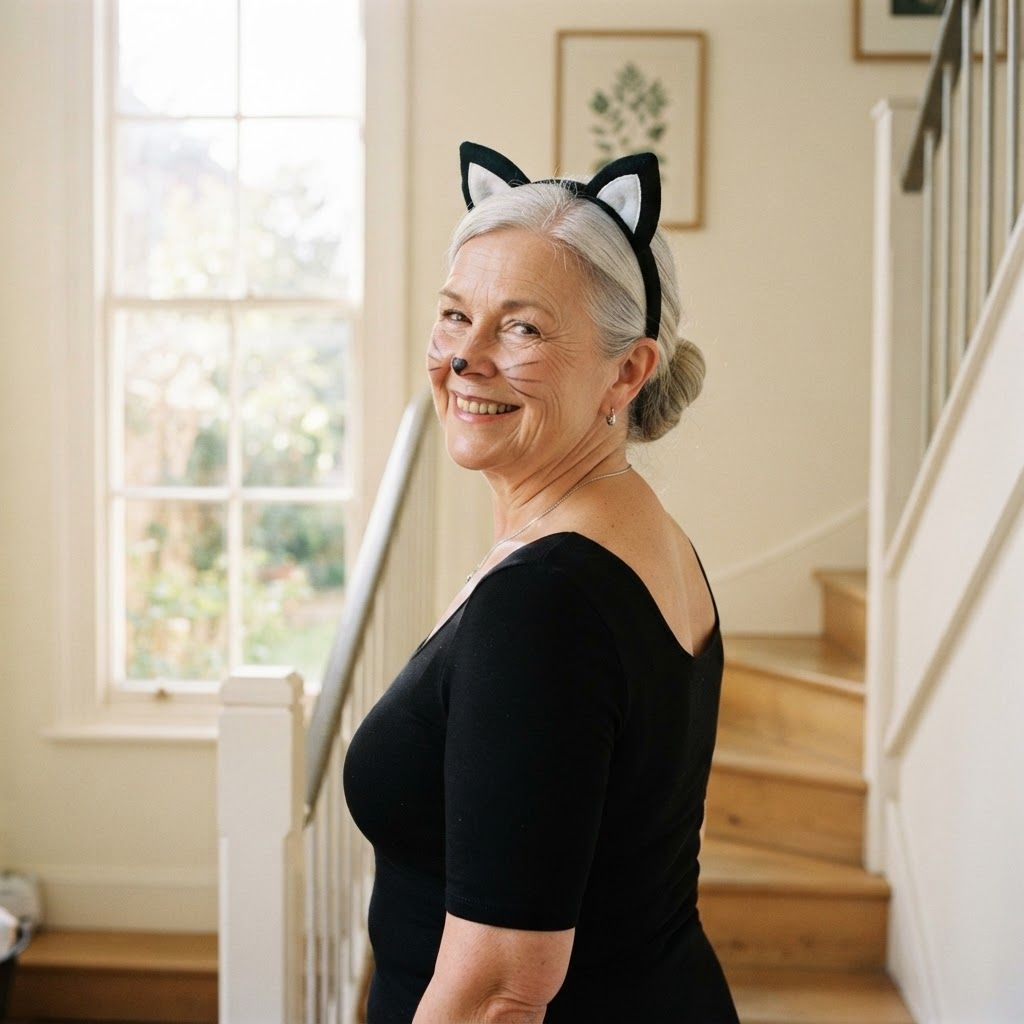 Black Cat Costume Close-Up: Playful portrait on a stair landing with a tall window.