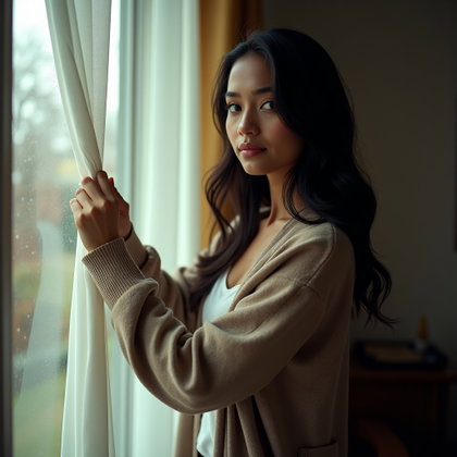 Melancholy Rainy Window Portrait example: Photorealistic portrait photography. Motion/action portrait capturing the subject pulling a curtain open beside a rain-c