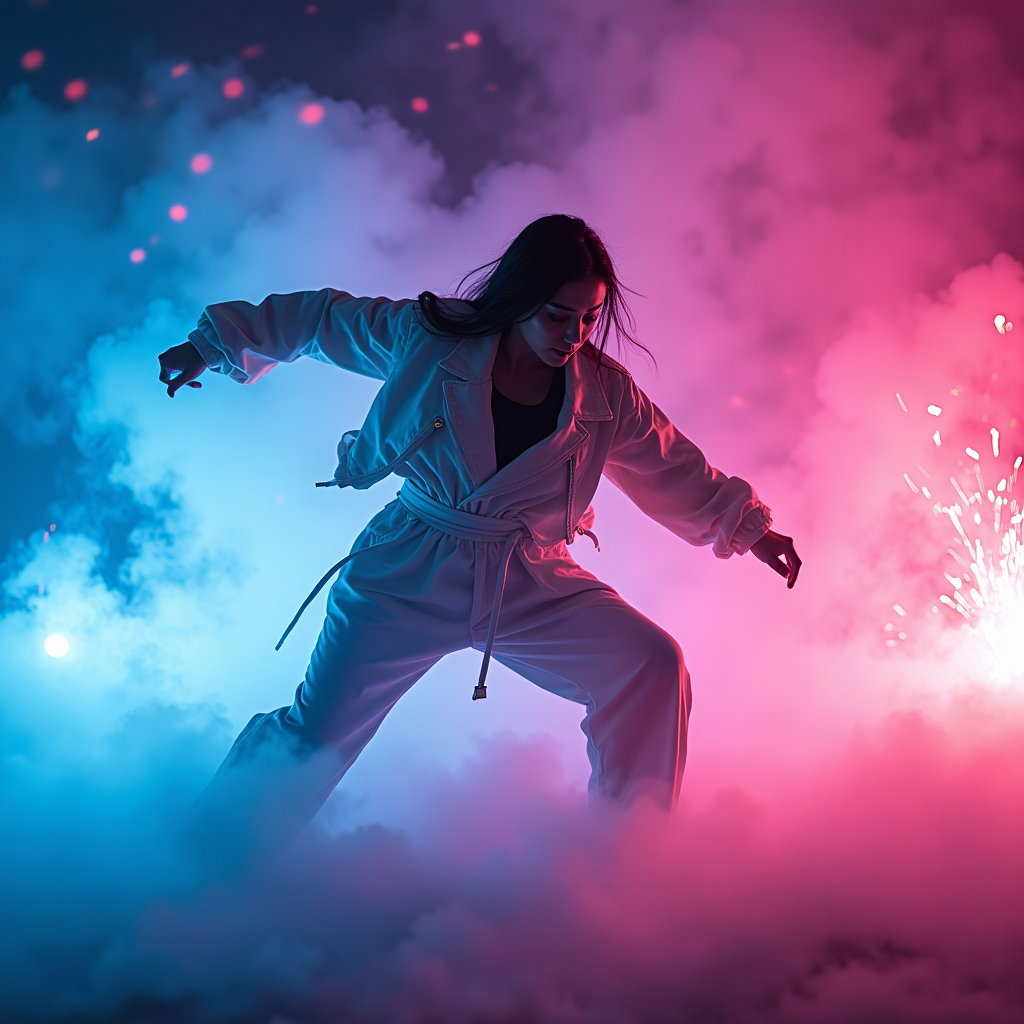 Neon Stage Warrior Close-Up example: Cinematic K-pop fantasy portrait photo. Motion-action portrait capturing a choreographed battle-dance strike, the subjec