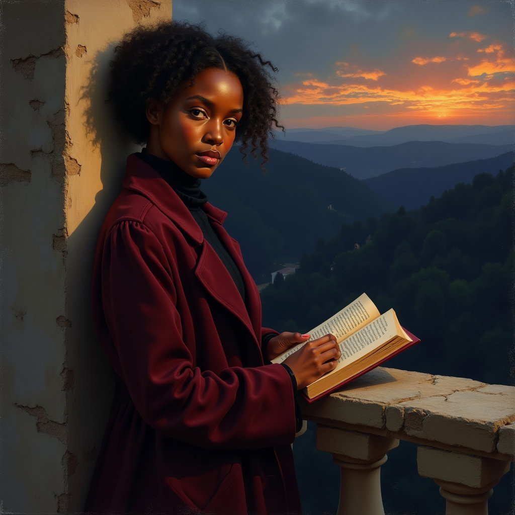 Velvet Coat Byronic Poet Portrait at Dusk example: Romantic-era oil painting. Half-body portrait of the subject leaning against a weathered stone balcony, one hand resting