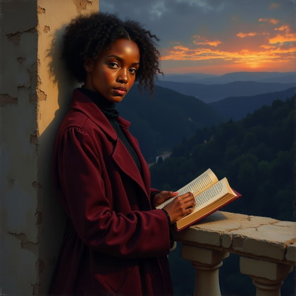 Velvet Coat Byronic Poet Portrait at Dusk example: Romantic-era oil painting. Half-body portrait of the subject leaning against a weathered stone balcony, one hand resting