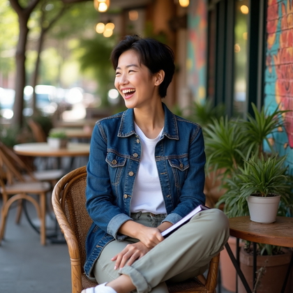 AI-generated photo: Professional headshot in a relaxed lifestyle setting, situated in a charming outdoor patio of a café...