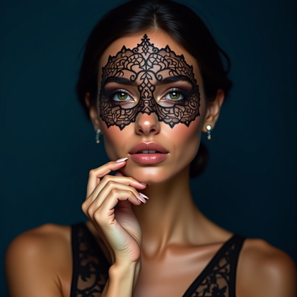 AI-generated photo: Photorealistic studio beauty portrait photo, symmetrical face-forward composition with lace doily go...
