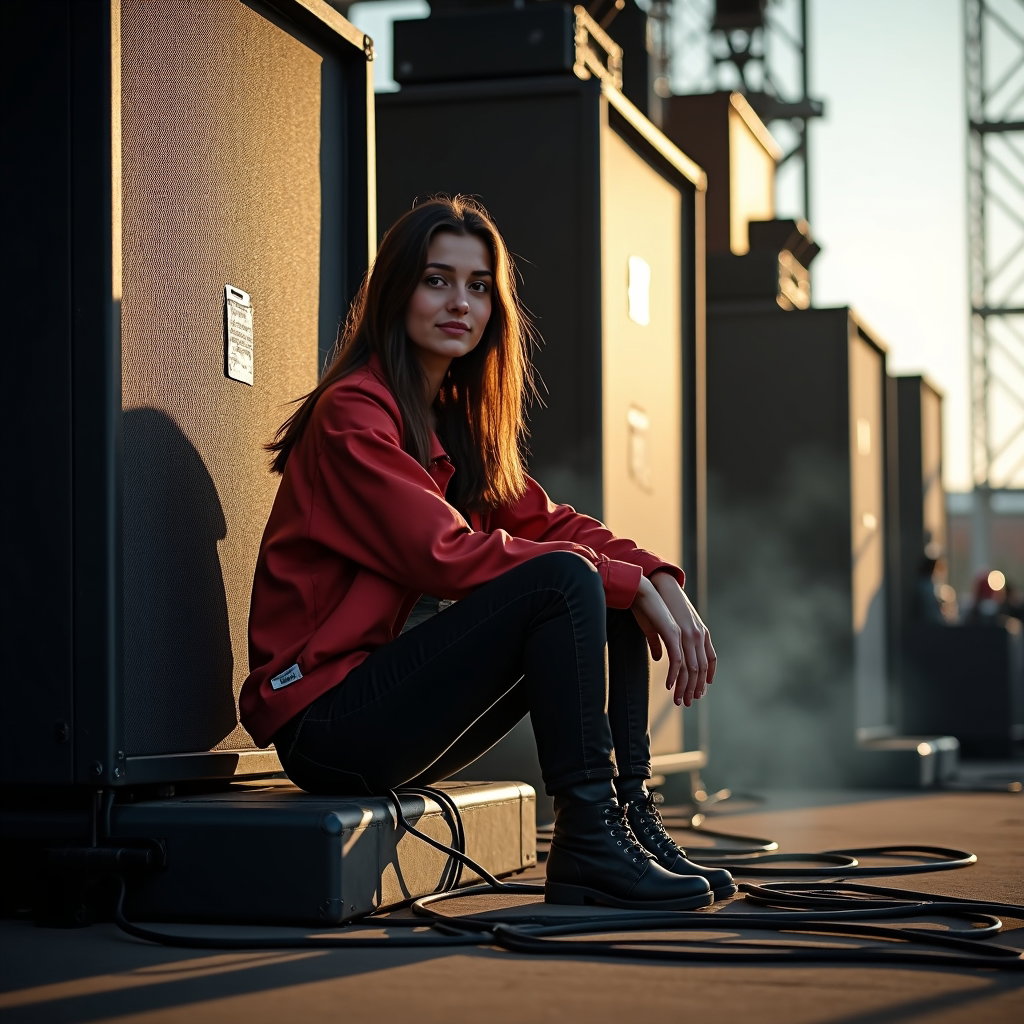 Front-Row Stage Glow Portrait example: Photorealistic festival portrait photography. Environmental front-row portrait beside a towering speaker stack and stage