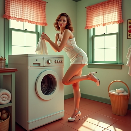 AI-generated photo: Photorealistic 1950s pin-up color photograph in a sunny pastel laundry room with a wringer washer, g...