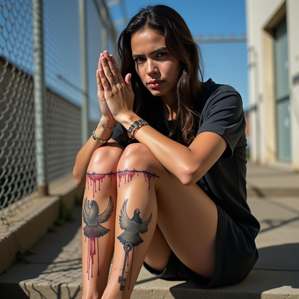 AI-generated photo: Photorealistic prison portrait photograph in the yard, the person sitting on concrete steps beside a...