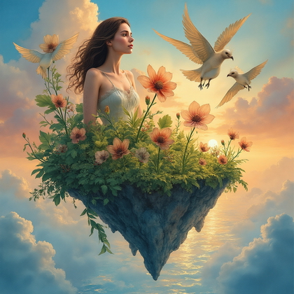 AI-generated photo: Surrealist watercolor painting illustrating a floating island scene. This dreamscape features lush, ...