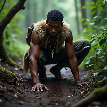 AI-generated photo: Photorealistic photography on a damp forest floor after rain, the subject balanced in a low three-po...