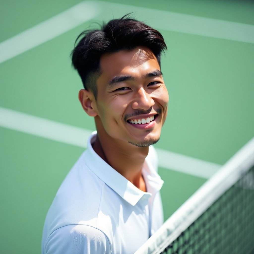 Action Serve and Backhand Tennis Portraits example: Photorealistic tenniscore portrait photography. Square profile/avatar crop with head-and-shoulders framing at the net, r