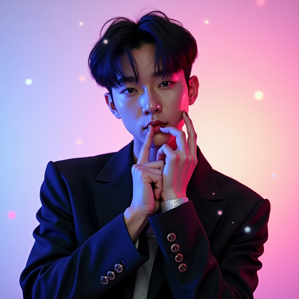 Sacred Seal Hand-Pose Portrait example: Cinematic K-pop fantasy avatar portrait photography. Square shoulder-up profile image with the face centered against a s