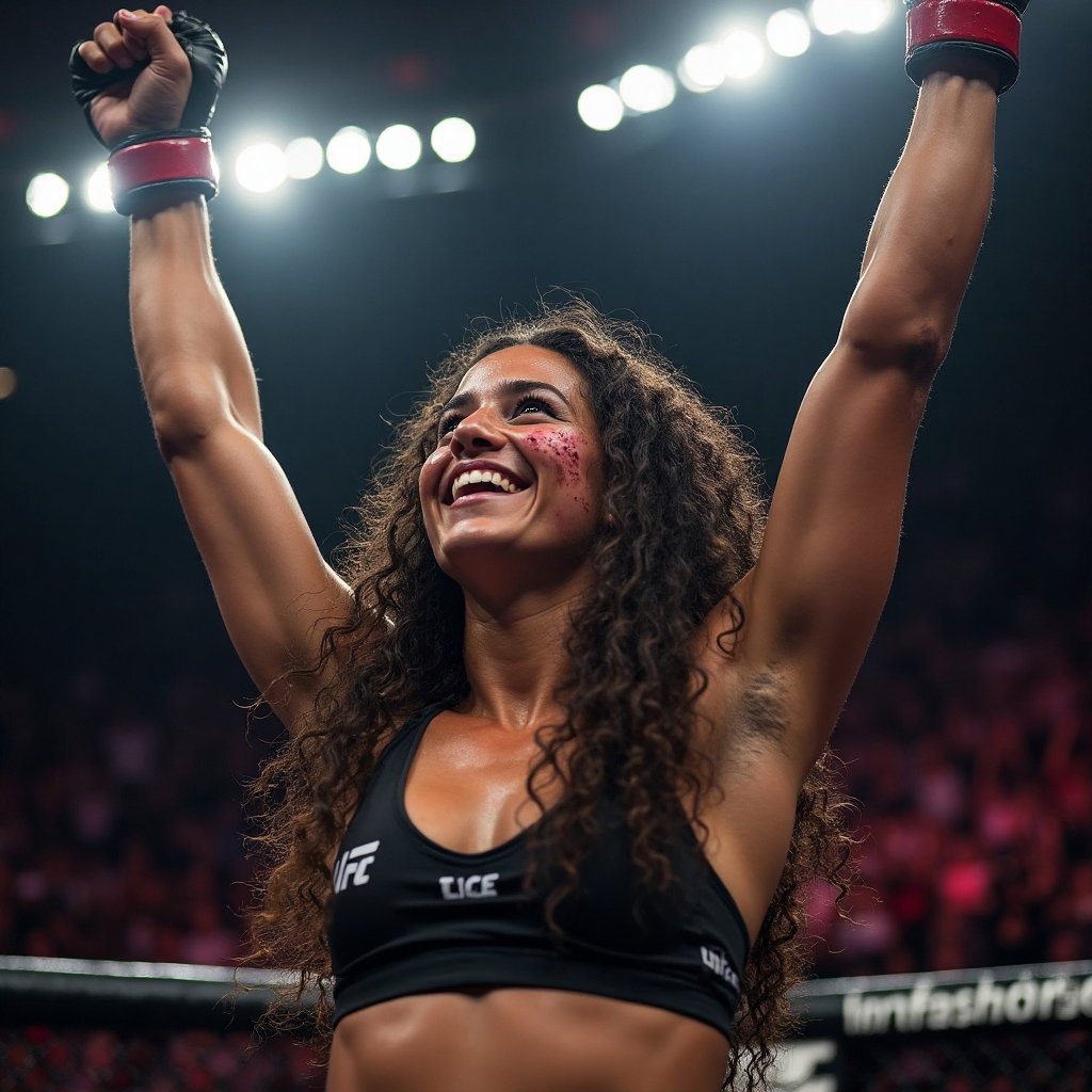 AI-generated photo: Photorealistic intense close-up shot of a UFC fighter captured in an exhilarating moment of victory,...