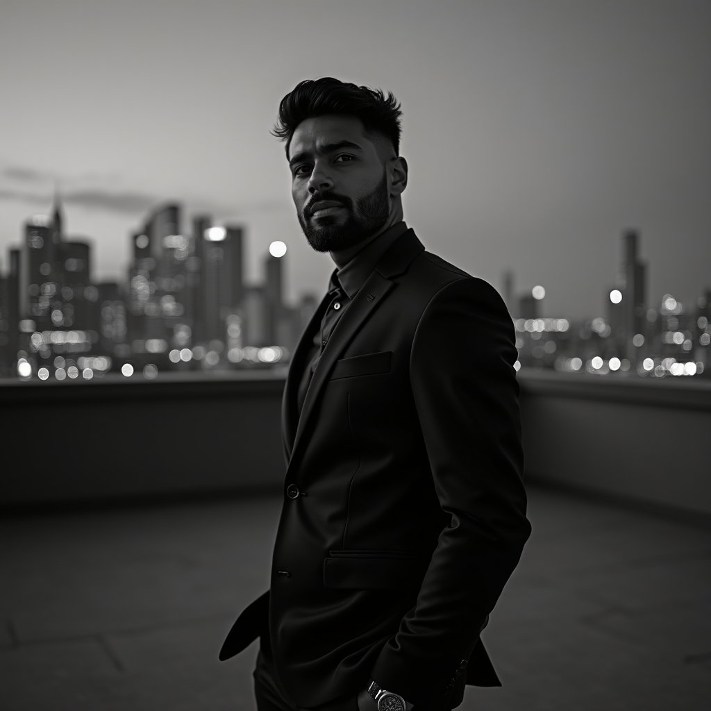 Rooftop or City Night Birthday Photos example: Photorealistic birthday portrait photography. Editorial hero image with the subject posed on a rooftop helipad-style ope
