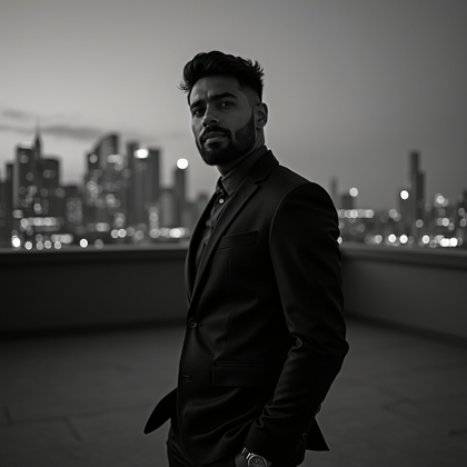 Rooftop or City Night Birthday Photos example: Photorealistic birthday portrait photography. Editorial hero image with the subject posed on a rooftop helipad-style ope