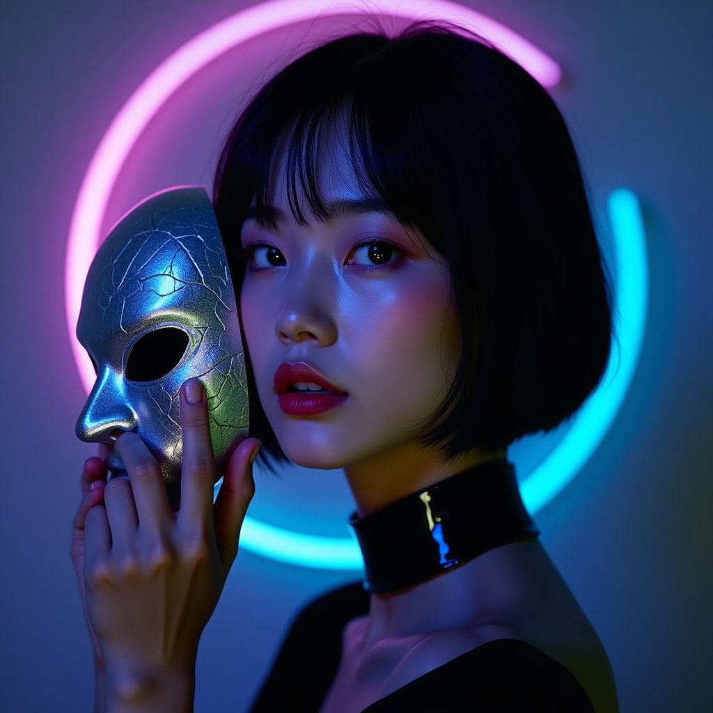 Dance-Pose Battle Portrait example: Cinematic K-pop fantasy portrait photography. Profile/avatar crop in a clean shoulders-up three-quarter pose, the subjec