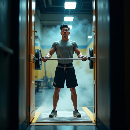 AI-generated photo: Photorealistic fitness photography viewed through a slightly open locker-room doorway into the main ...