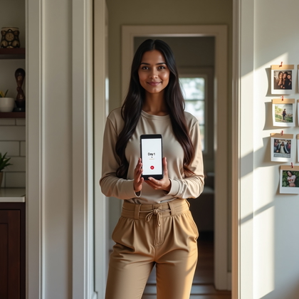 AI-generated photo: Photorealistic photography. Cozy home doorway scene with soft window light sculpting the face, the p...