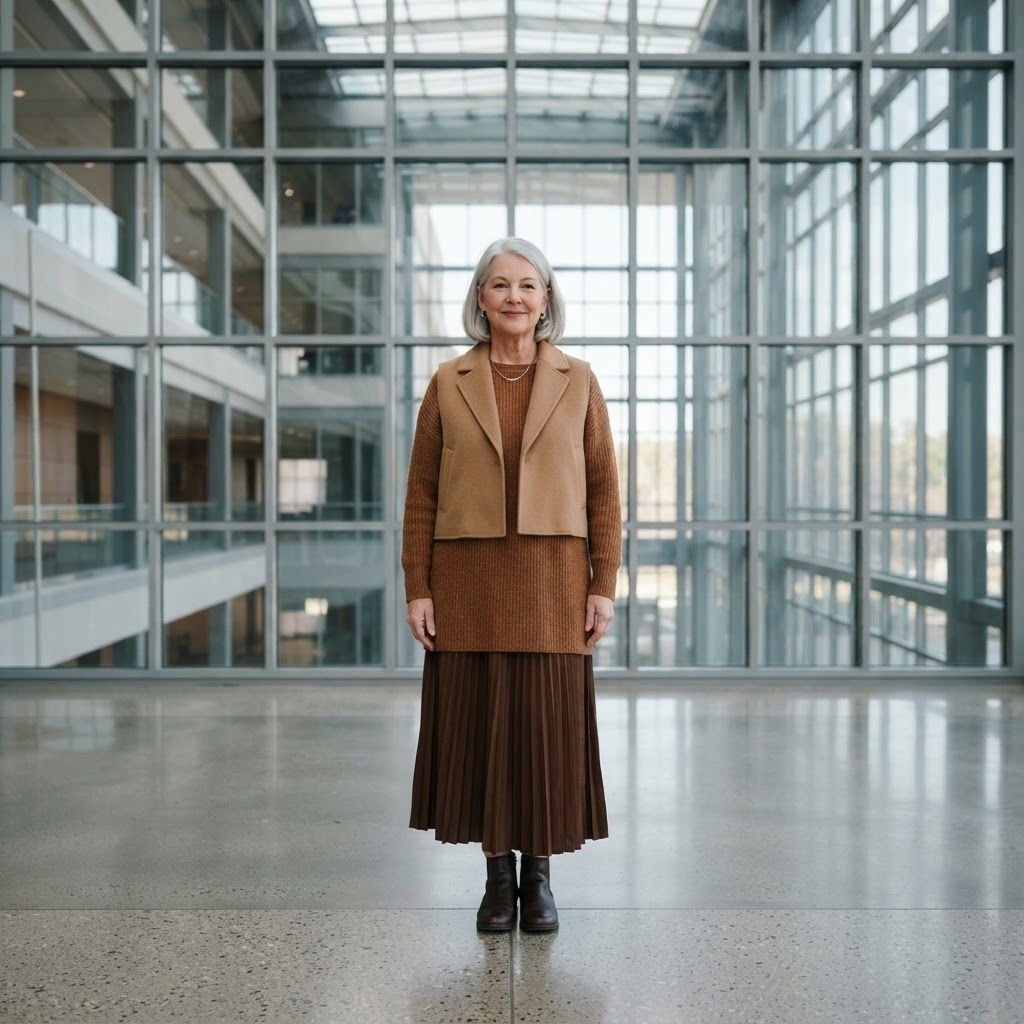 Layered Silhouette in a Glass Atrium: Centered, nearly symmetrical portrait against the tall glass grid of an empty atrium.