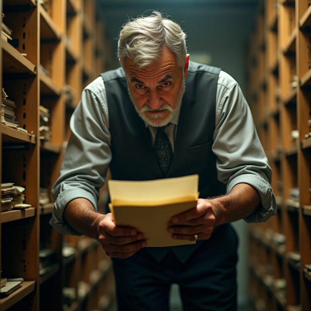 Archive Drawer: Overhead-leaning personal photo in a narrow archive aisle, one visible person bent over an open filing drawer as file tabs form strong…