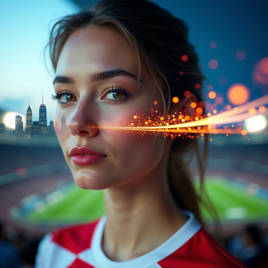 Heritage and Diaspora World Cup Fan Portraits example: Photorealistic conceptual composite portrait photography. A single fan faces the viewer in a polished studio portrait wh