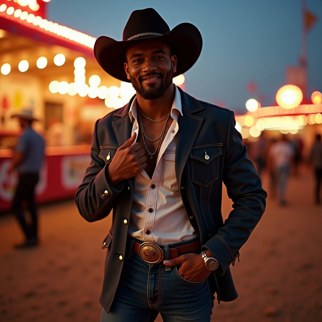 AI-generated photo: Photorealistic fashion portrait, a modern western portrait set at the edge of a dusty fairground aft...