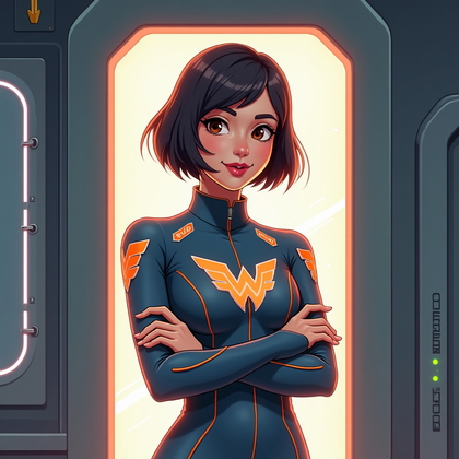 AI-generated photo: Stylized digital illustration portrait. A three-quarter body composition framed in a tall, rounded-r...