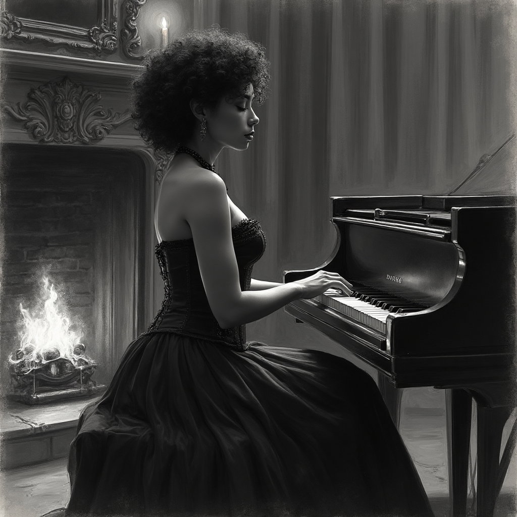 AI-generated photo: **Gothic charcoal sketch.** In a dimly lit Victorian parlor, the flickering glow of a candle illumin...