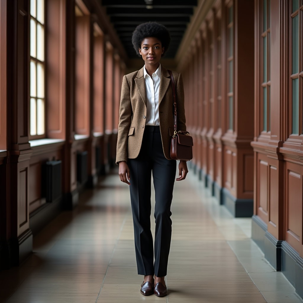 Tweed Corridor: Full-length personal-photo portrait in a narrow old academic hallway with tall paneled doors forming strong vertical lines.