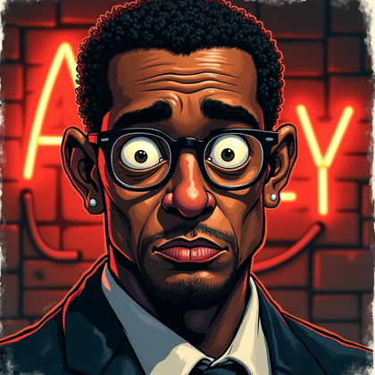 AI-generated photo: Ink-and-wash caricature illustration in a dim speakeasy setting with neon signage bokeh behind, face...