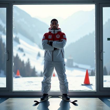 AI-generated photo: Photorealistic indoor training facility portrait photograph. The athlete stands in front of an enorm...