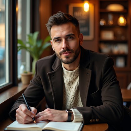 Romantic Close-Up With Loose Hair and Tired Eyes example: Dating profile photo, half-body portrait seated at a small café table with an open notebook, face clearly visible while