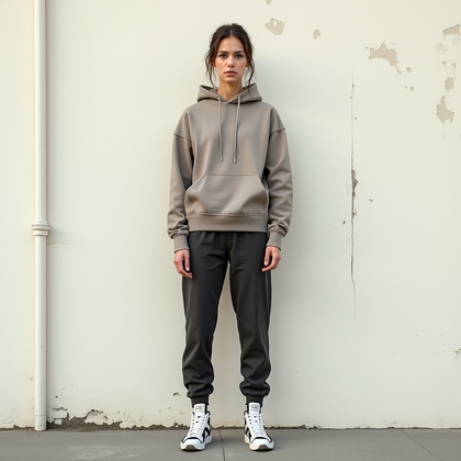 AI-generated photo: Photorealistic straight-on booking fashion portrait, the subject standing perfectly centered in fron...