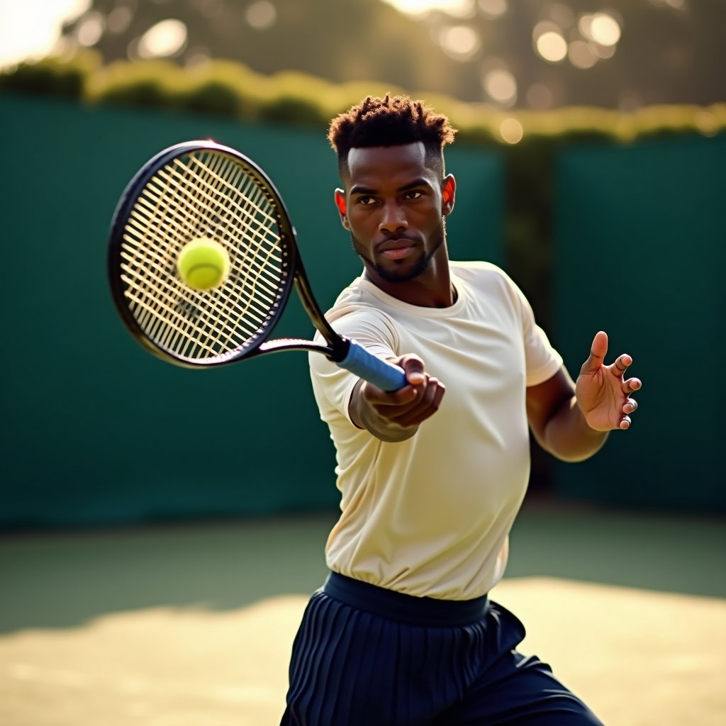 Action Serve and Backhand Tennis Portraits example: Photorealistic tenniscore portrait photography. Half-body backhand follow-through pose with the racket crossing the fram