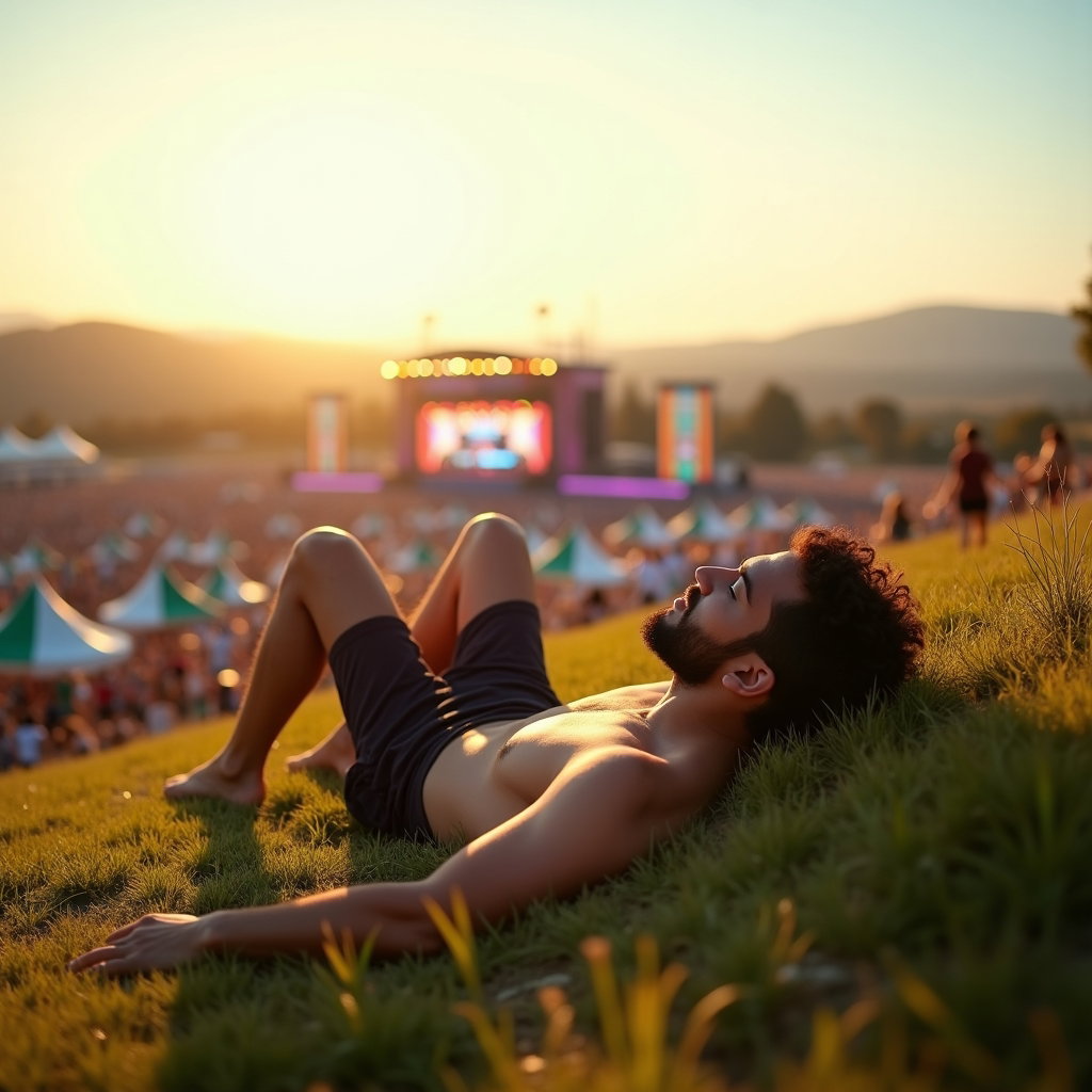 Relaxed Grass Lounge Portrait example: Photorealistic festival environmental portrait photography. A wide portrait of the person lounging on a natural grassy s