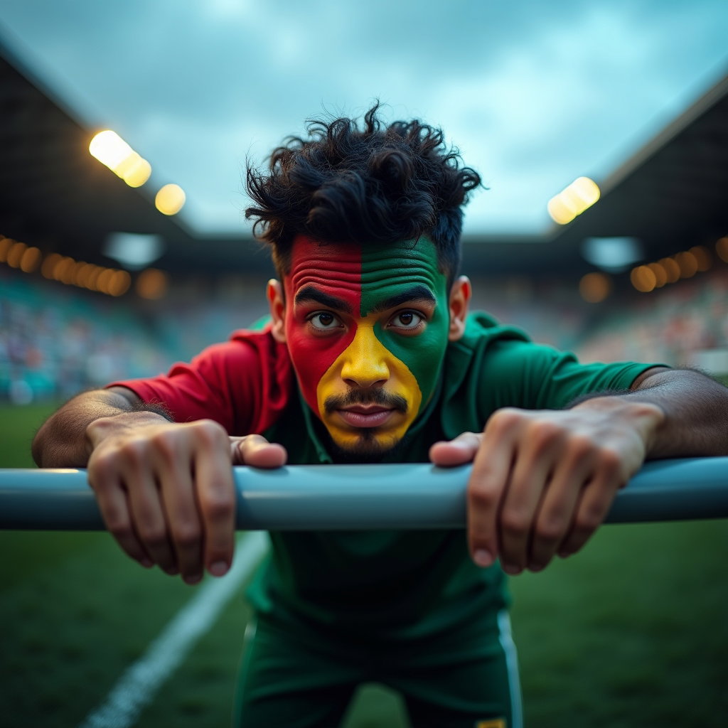 Bold Face-Paint Fan Portraits in National Colors example: Photorealistic environmental portrait photography. Subject leans forward over a stadium railing with both hands gripping