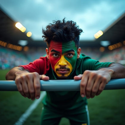 Bold Face-Paint Fan Portraits in National Colors example: Photorealistic environmental portrait photography. Subject leans forward over a stadium railing with both hands gripping