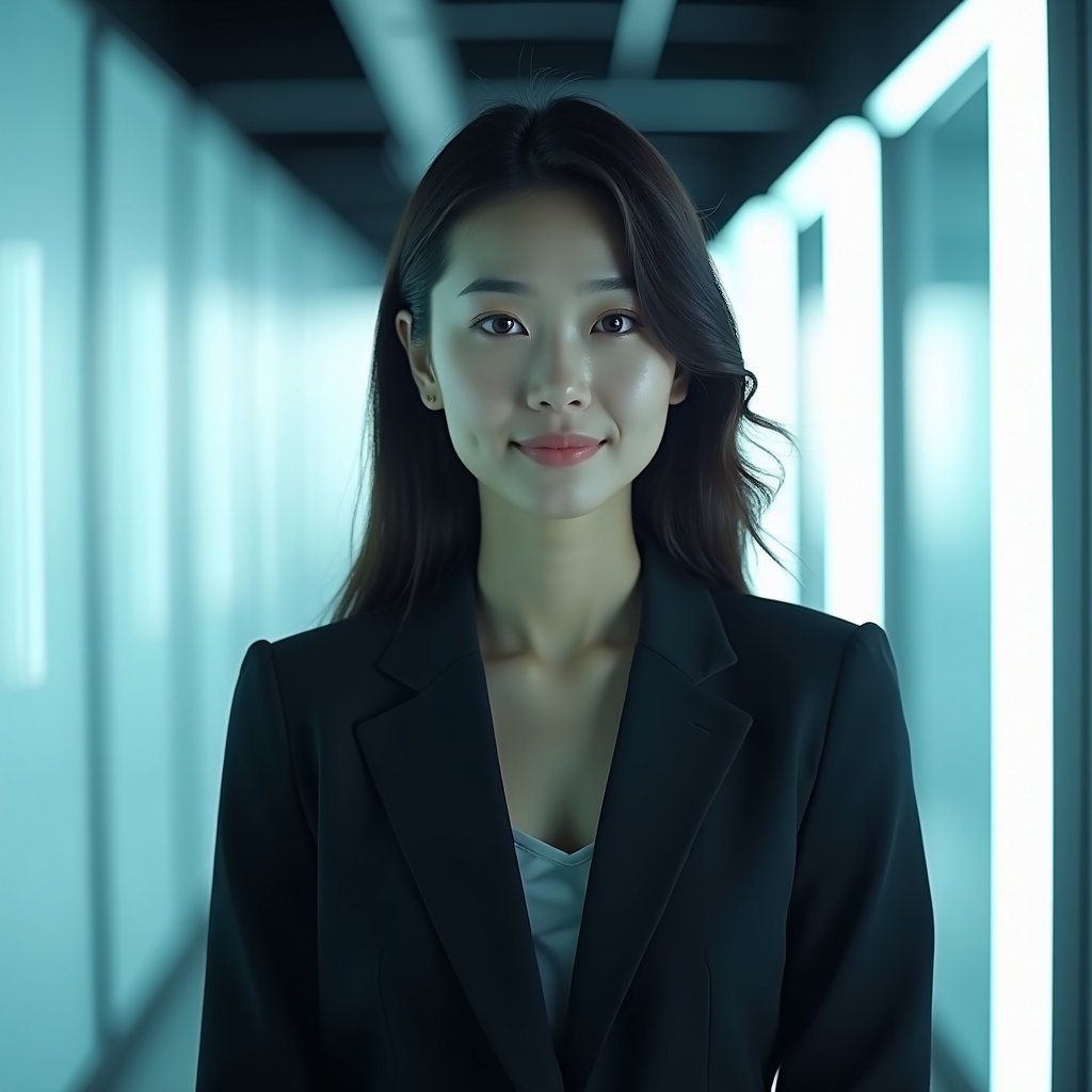 AI-generated photo: Professional headshot photo along a tech-lab corridor with frosted panels and slim LED edge lights f...