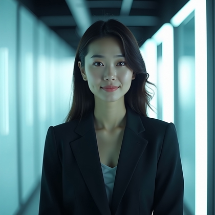 AI-generated photo: Professional headshot photo along a tech-lab corridor with frosted panels and slim LED edge lights f...