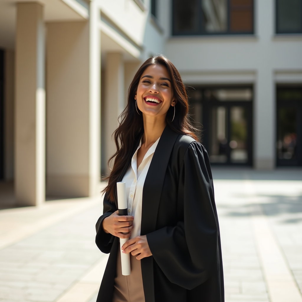 AI-generated photo: Professional fashion portrait photography, joyful smile-and-laugh graduation portrait staged in a co...
