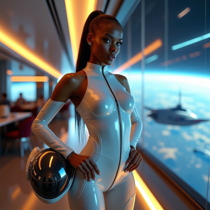 AI-generated photo: Photorealistic high-gloss editorial image of a futuristic space pilot in a luxury starport lounge, s...
