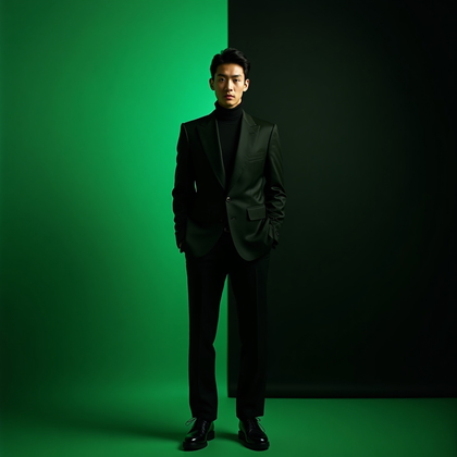 AI-generated photo: Photorealistic studio portrait. The subject is standing in a powerful, upright pose, framed from mid...