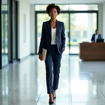 Tailleur-pantalon bien coupé : portrait personnel en pied dans un hall d’entreprise lumineux et vitré, une seule personne visible debout de face dans un tailleur-pantalon bleu marine impeccable…