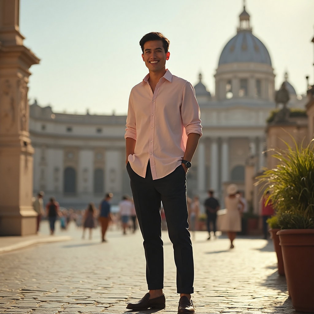 AI-generated photo: Travel Backdrop Portrait featuring a man standing confidently with a grand European cityscape as the...