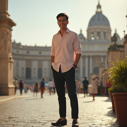 AI-generated photo: Travel Backdrop Portrait featuring a man standing confidently with a grand European cityscape as the...