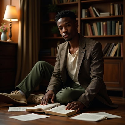 Floor-Sitting Portrait Surrounded by Scattered Pages example: Photorealistic editorial portrait photography. Half-body portrait of the subject seated on a wooden floor beside a low b