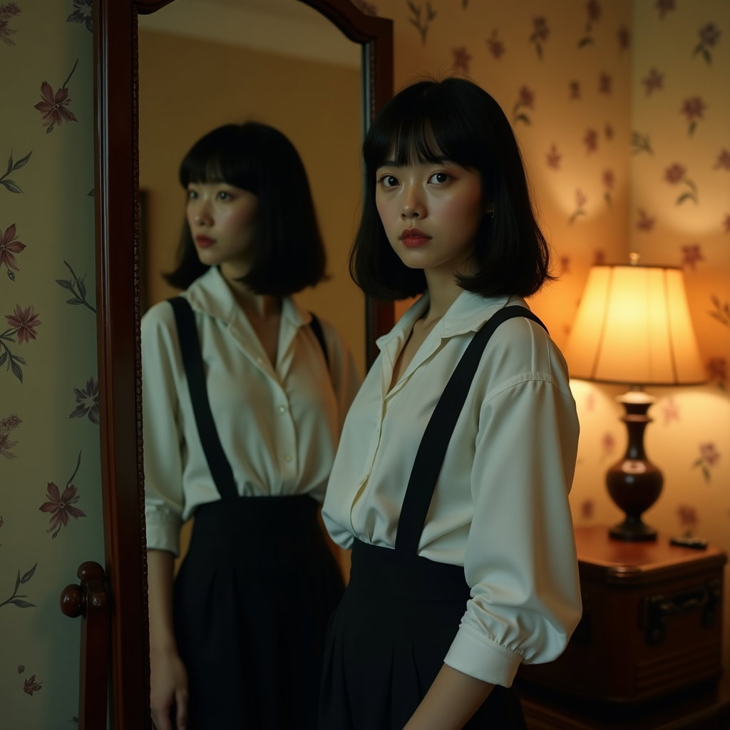 Old Hotel Room: Cinematic waist-up personal portrait of a single subject standing beside a tarnished hotel-room mirror, reflected softly but not duplicated…
