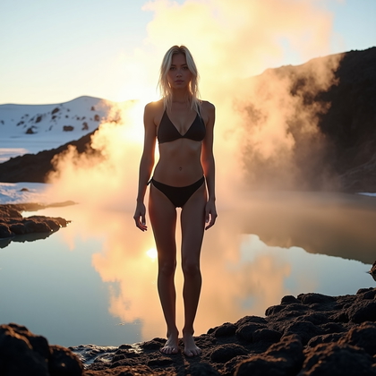 AI-generated photo: Photorealistic outdoor fashion editorial photograph: At the edge of a steaming geothermal pool in a ...