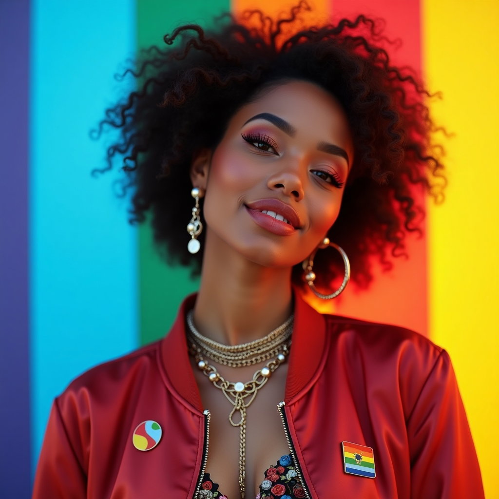 Bold Pride Fashion Editorial Portraits example: Photorealistic fashion editorial portrait. Vertical profile/avatar crop from the chest up, face centered and clearly rea