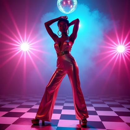 AI-generated photo: Photorealistic editorial disco portrait on a glowing checkerboard dance floor, three-quarter pose wi...