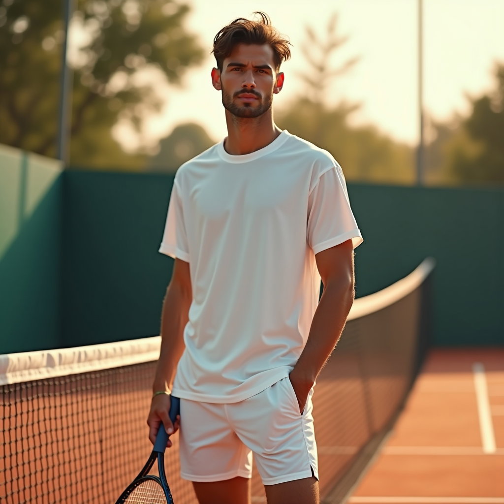 Golden Hour Court Fence Portraits example: Photorealistic portrait photography. Full-body tenniscore portrait with the subject standing beside the fence gate, racq
