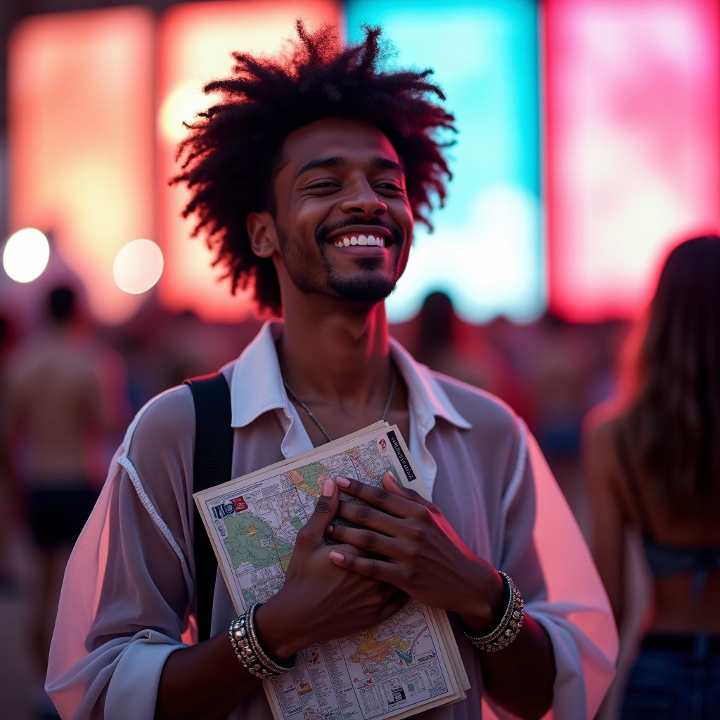 Front-Row Stage Glow Portrait example: Photorealistic festival portrait photography. Half-body front-row portrait from a side angle, the subject holding a fold